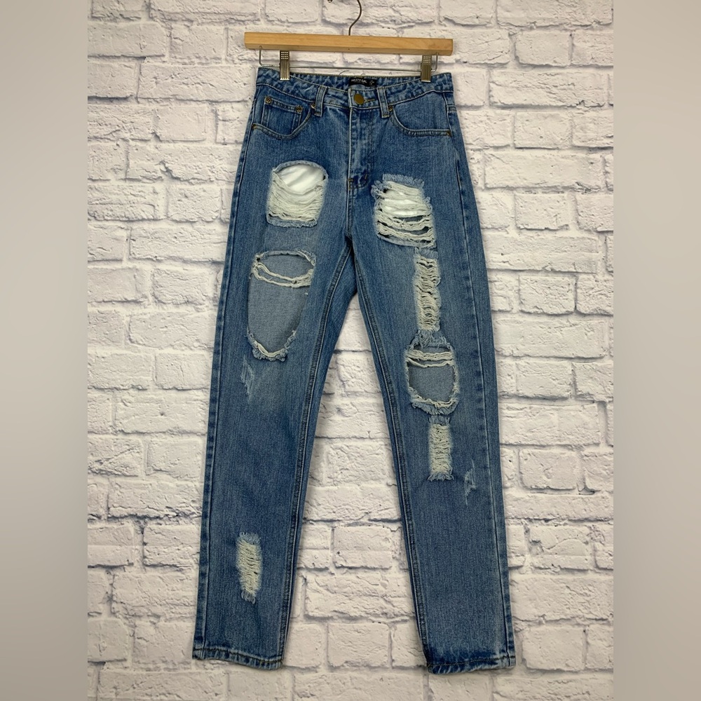 Nasty Gal Straight Leg Distressed Frayed Denim Jeans Size US 2